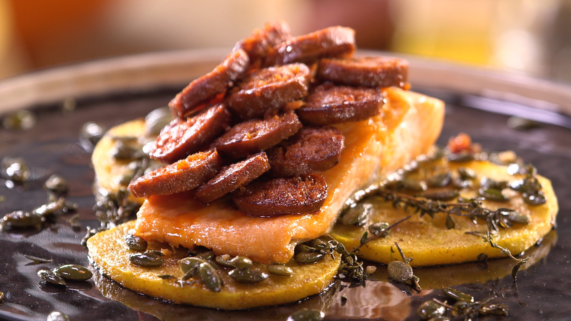 Recette de Pavé de truite au chorizo - Carinne Teyssandier